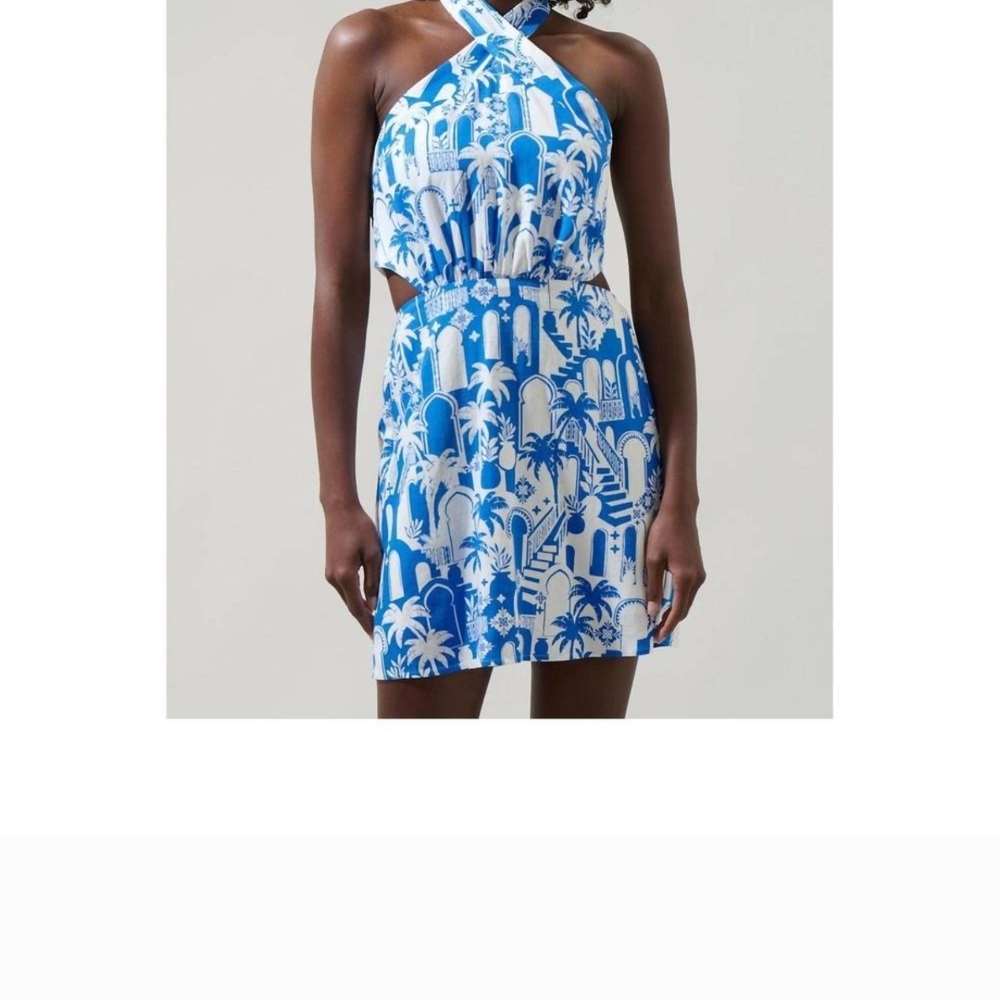 Sugarlips Blue and White Palm Print Mini Dress